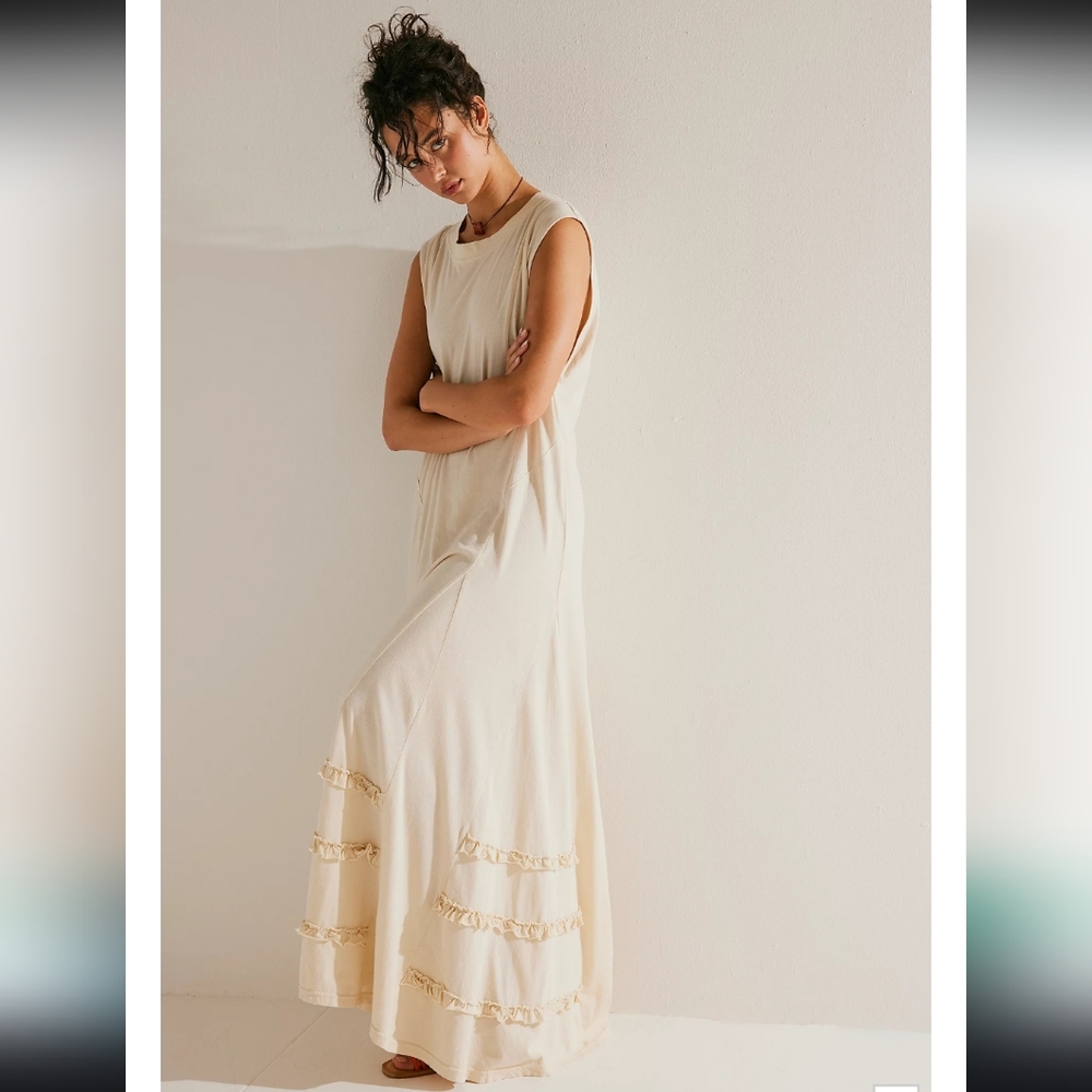 Free People Cream Sleeveless Maxi Dress with Ruffle Tiers